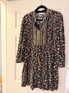 SFERRA Black Floral Embroidered Tunic Dress with Pink and Cream Accents